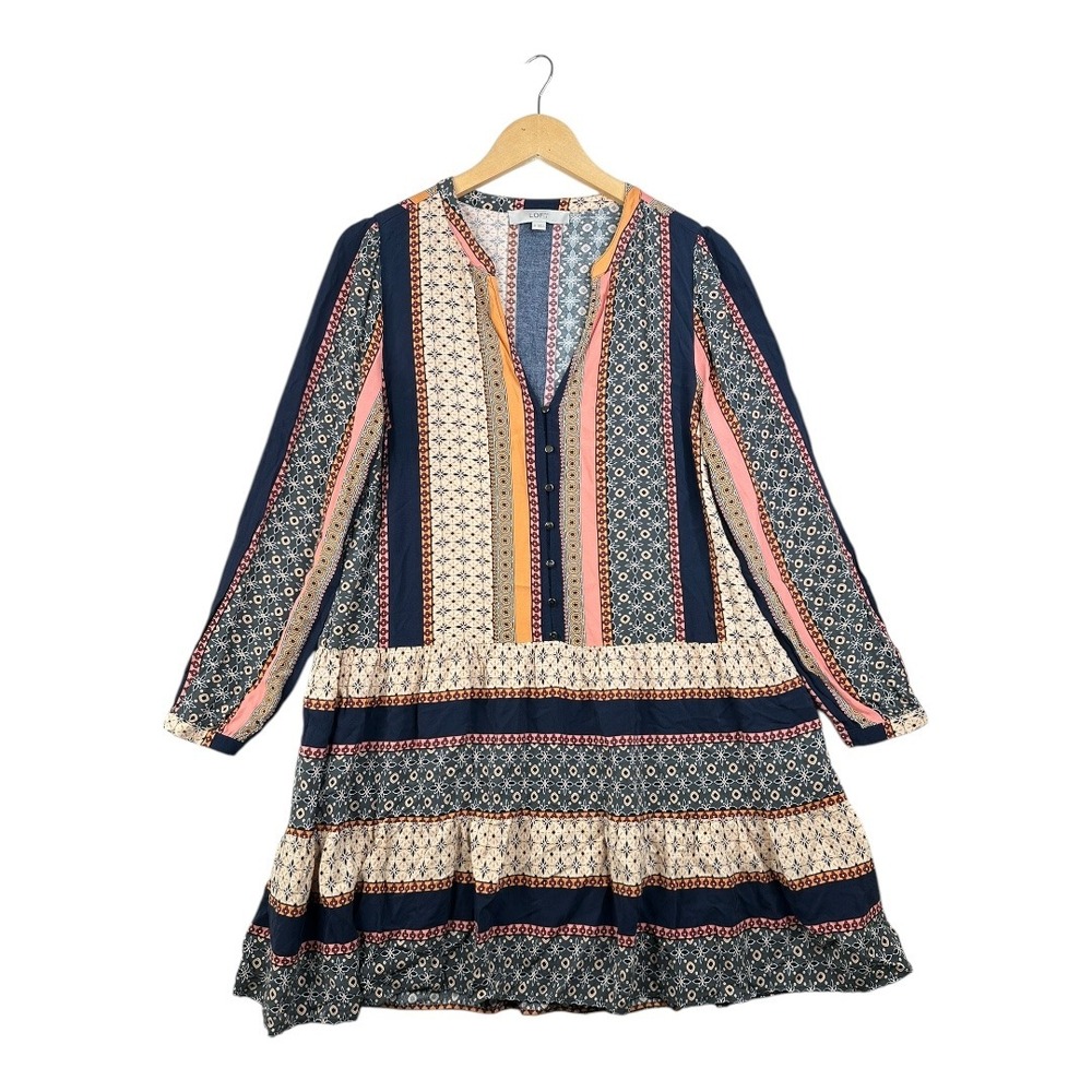 LOFT Foulard Patchwork Button‎ Teared Swing Dress… - image 1